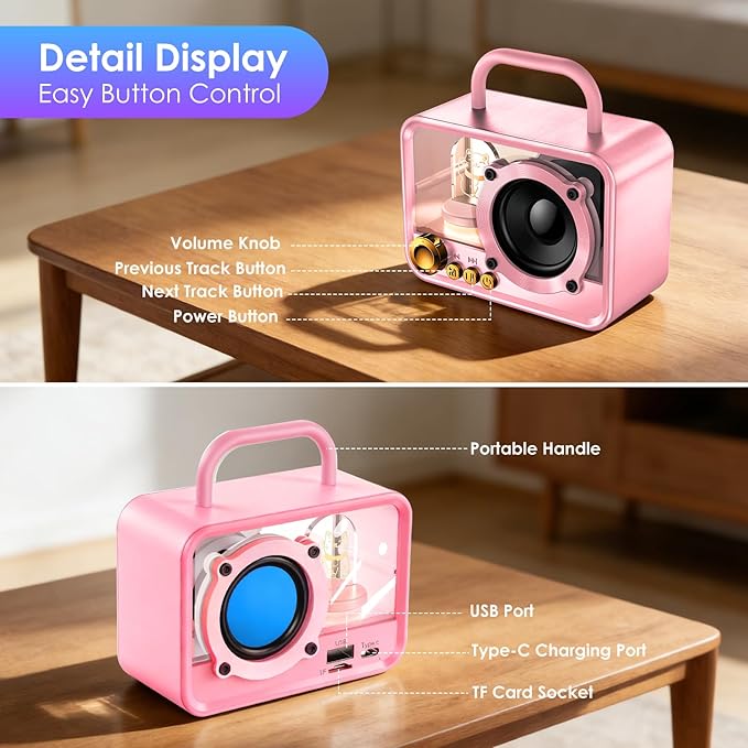 Portable Bluetooth Speaker with RGB Lights, Stereo Sound Punchy Bass, Mini Wireless Bluetooth Speaker, Cute Fashion Style for Kitchen Desk Bedroom Office Party Outdoor, Birthday Gifts