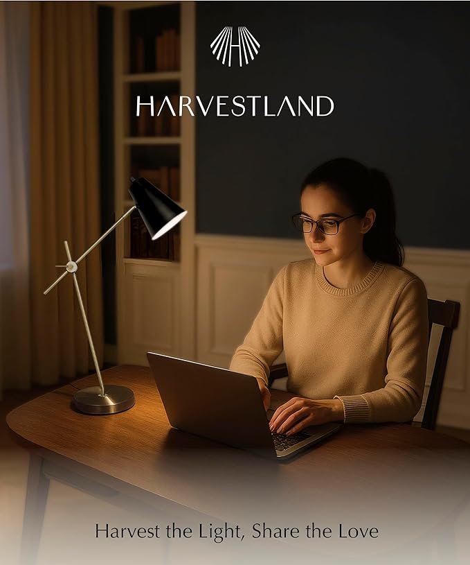 HarvestLand HaloBar Brass Desk Lamp Home Office – Black Industrial Table Lamp with Solid Base for Office, Reading Lamps for Bedside Table, Study and Reading Task Lamp, Gifts for Men