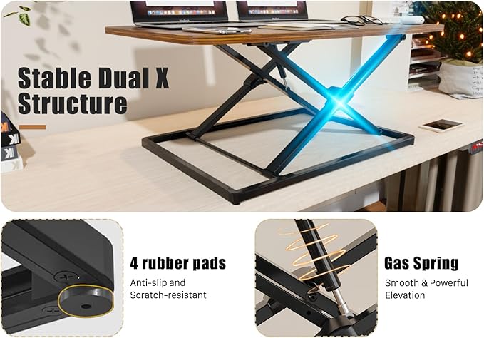 JOY worker Standing Desk Converter, 31 Inch Compact Height Adjustable Stand up Desk Riser, Ultra Low Profile Sit to Stand Table for Laptop Riser Workstation, Rustic Brown