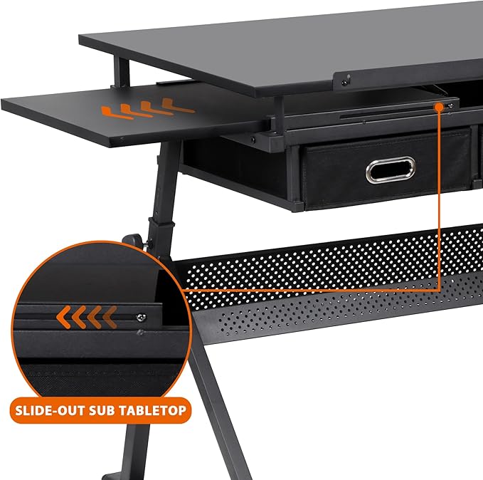 Drafting Table Drawing Desk Art&Craft Work Station Height Adjustable Tilting Tabletop Craft Table Desk w/Stool and 2 Storage Drawers for Home Office Study Room, Black