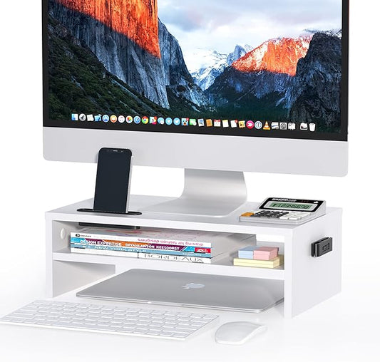 BONTEC Wooden Monitor Stand Riser, 2-Tier Desk Shelf with Storage Organizer, Ergonomic Computer Stand with Cable Management, Cellphone Holder, White, 16.5 Inch
