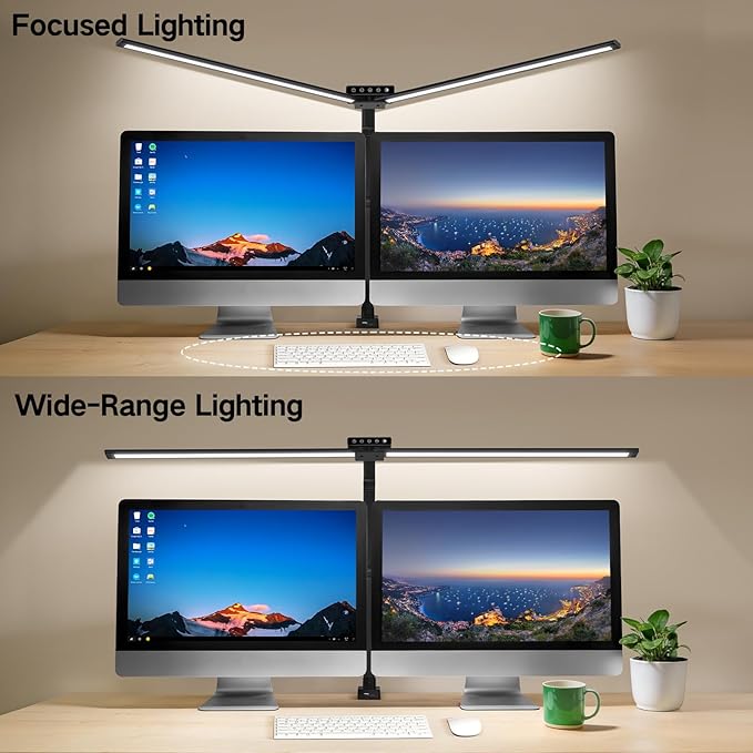 OUTON 29.5" LED Desk Lamp with Clamp, USB-A & USB-C Ports, Touch & Remote Control, 5 Color Temperatures, Stepless Dimming, Timer & Memory Function, 24W Eye-Care Monitor Light for Home Office & Study