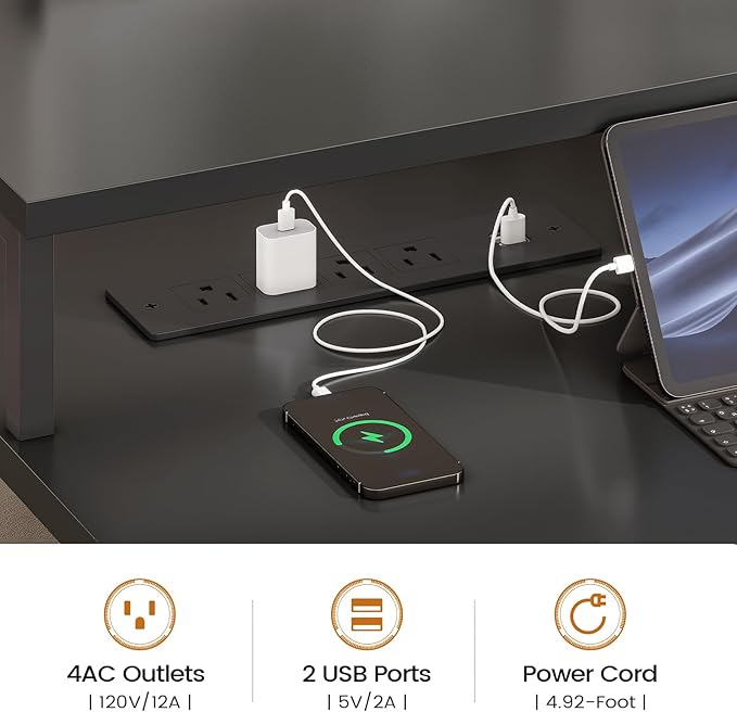 SEDETA 75'' Computer Desk with 5 Drawer, Power Outlet & Led Lights, Home Office Desk with File Drawer, Storage Shelves, Printer Cabinet and Monitor Shelf, 23.6" W Large Desktop Gaming Desk, Black