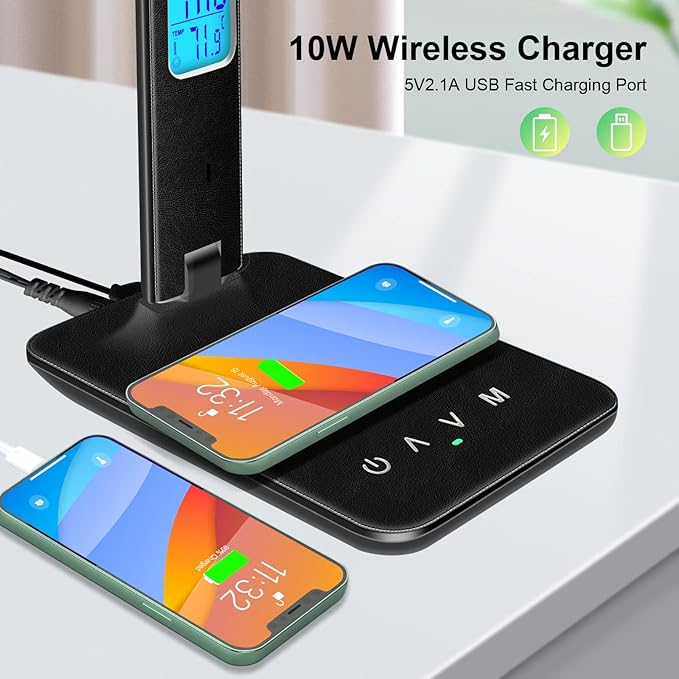 Desk Light with Wireless Charger, USB Charging Port, Dimmable Office Desk Lamp with Clock, Alarm, Date, Temperature, Foldable Lamp for Table Bedroom Bedside Office