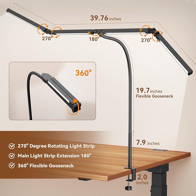 Led Desk Lamps for Home Office - Eye Caring Architect Lamp with Clamp, Double Head Computer Monitor Work Desk Light with Remote Control: 24W Flexible Dimmable Desktop Table Lamp