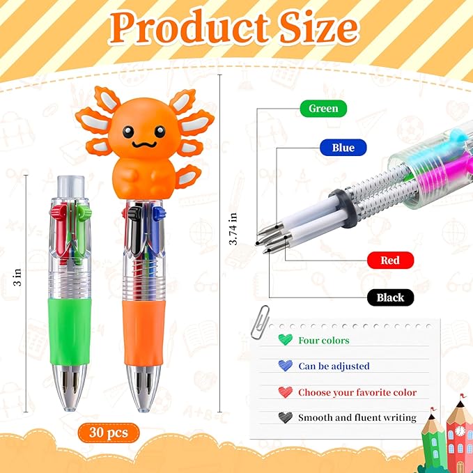 CZWZ 30Pcs Mini Multicolor Pens in One 4-in-1 Cute Pens Bulk for Kids, Ballpoint Pen for Birthdays and Children's Parties, Fun Gifts Assorted Ink Kawaii Pen(Axolotl)