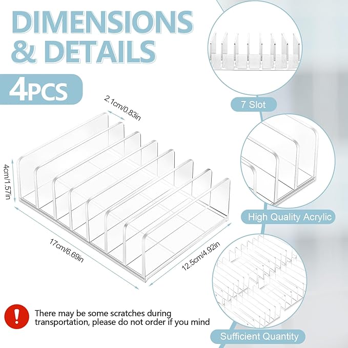 Geetery 4 Pcs Acrylic Cash Tray for Cash Stuffing Mail Sorter Organizer Clear Desk Envelope Organizer for Sorting Mail Envelope Bill Business Card Eyeshadow Palette(7 Slot)