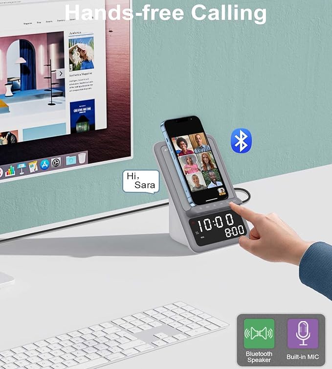 AFK Wireless Charging Station with Bluetooth Speaker and Alarm Clock,Wireless Charger Compatible with iPhone,Android Phones (Gray-White)