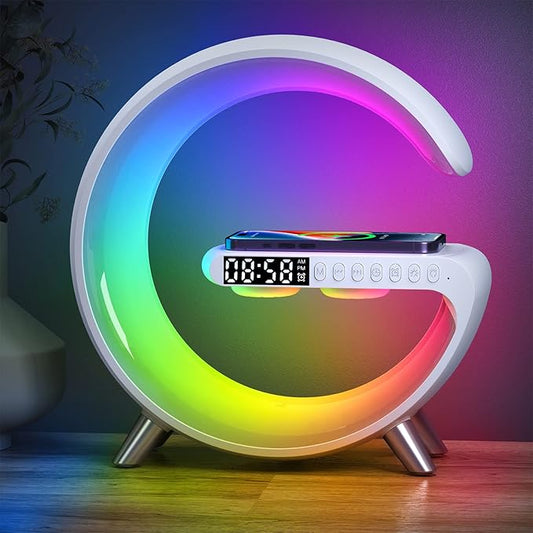 Smart Table Lamp with 4-in-1 Wireless Charger, Night Light, Bluetooth Speaker, Alarm Clock, App Control, Office, Bedroom, Home Decor (White)