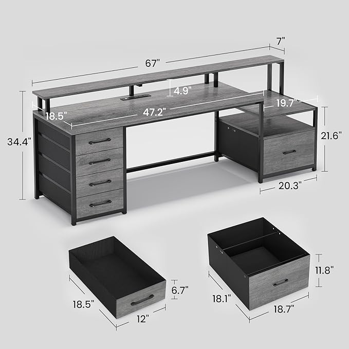 SEDETA Home Office Desk with File Drawer & Power Outlet, 66'' Computer Desk with 5 Drawer, Storage Shelves, Printer Cabinet and Monitor Shelf, Gaming Desk with Led Lights, Grey