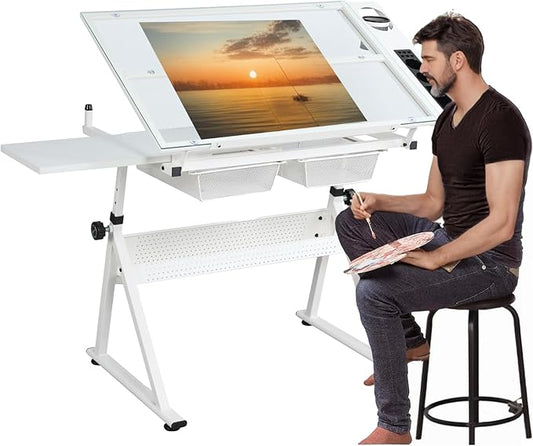 Adjustable Drafting Table for Adults Professional Art Table 2 Storage Drawers Height Adjustable Home Office Reading Painting Tempered Glass Top Modern White Design