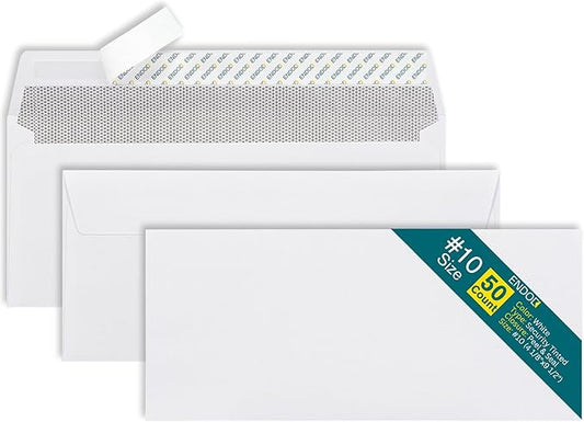 #10 Envelopes Self Seal - 50/pack - 4 1/8 x 9 1/2 inch Letter Size - Business Envelopes #10 Peel & Seal Closure, Security Tinted for Invoices, Statements - Blank White 24LB Paper
