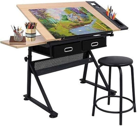 Drafting Table Drawing Desk Art&Craft Work Station Height Adjustable Tilting Tabletop Craft Table Desk w/Stool and 2 Storage Drawers for Home Office Study Room, Natural