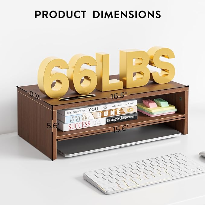 BONTEC Wooden Monitor Stand Riser, 2-Tier Desk Shelf with Storage Organizer, Ergonomic Computer Stand with Cable Management, Cellphone Holder, Walnut, 16.5 Inch