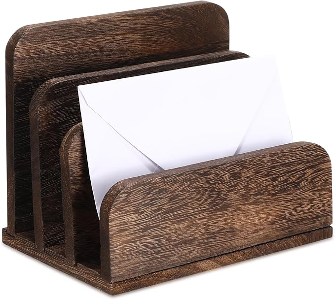 Wooden Mail Holder 3 Slots Mail Organizer for Desk Wood File Paper Letter Sorter for Letter Envelope Filing Cell Phone Document Storage, Organizer Tray for Office and Home (Dark Brown)