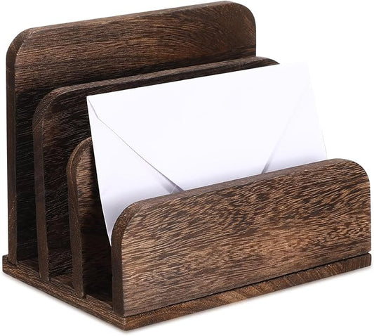 Wooden Mail Holder 3 Slots Mail Organizer for Desk Wood File Paper Letter Sorter for Letter Envelope Filing Cell Phone Document Storage, Organizer Tray for Office and Home (Dark Brown)