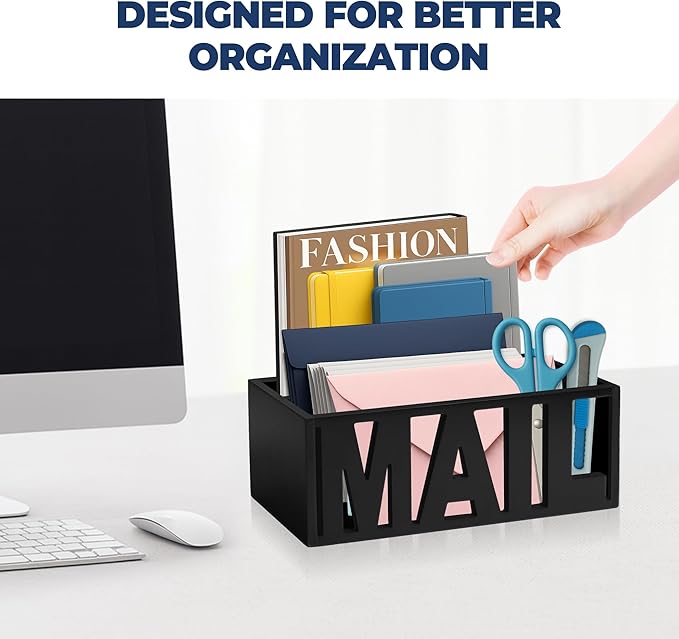 Mail Organizer Countertop – Black Holder for Desk or Wall, Decorative Desktop Sorter, Envelope Tray & Bill Storage with Compact Size for Home Office Organization Accessories (11x4x4 in)