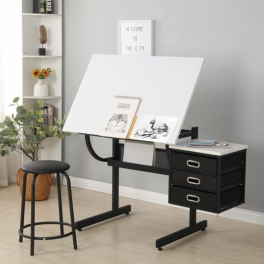 Adjustable Drafting Table, Drawing Desk w/Stool and 3 Storage Drawers, Art Table for Artists/Architect/Art Hobbyist, Design for Sketch Painting Artistic Craft Supplies, Type 5-White