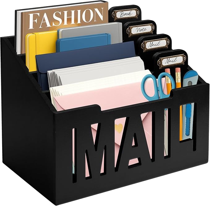 Mail Organizer Countertop – Black Holder for Desk with 4 Slots & Label Tags, Decorative Desktop Sorter, Bill Storage and Envelope Tray for Organized Home Office Accessories (11x7x8 in)