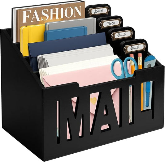 Mail Organizer Countertop – Black Holder for Desk with 4 Slots & Label Tags, Decorative Desktop Sorter, Bill Storage and Envelope Tray for Organized Home Office Accessories (11x7x8 in)