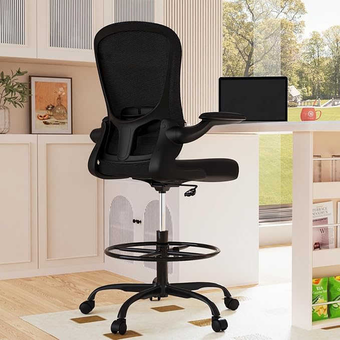Drafting Chair, Tall Office Chair with Flip-up Armrests Executive Ergonomic Computer Standing Desk Chair, Office Drafting Chair with Lumbar Support and Adjustable Footrest Ring
