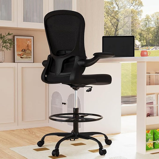 Drafting Chair, Tall Office Chair with Flip-up Armrests Executive Ergonomic Computer Standing Desk Chair, Office Drafting Chair with Lumbar Support and Adjustable Footrest Ring