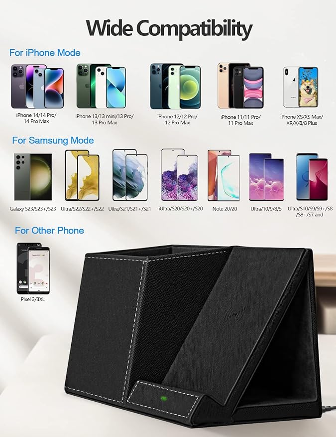 Pen Holder with Wireless Charger, Compatible with iPhone 17/16/15/14/13/12/11/8 Series, Pencil Holder Phone Stand for Desk Home Office, Men Gift Husband Wife Anniversary Dad Birthday Idea Gadget