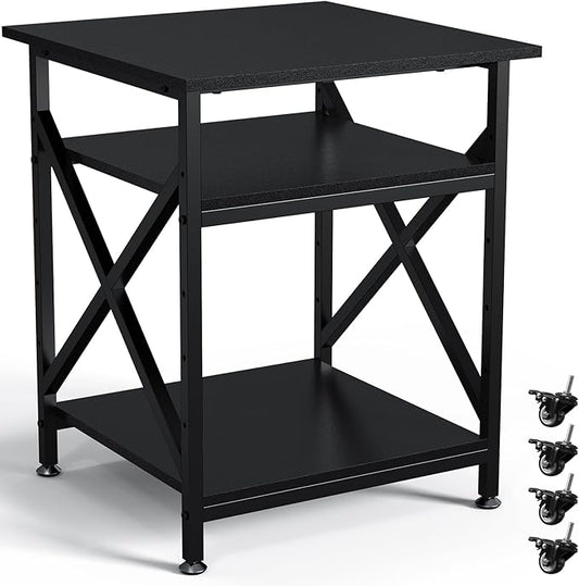 Ollieroo 3 Tier Printer Stand, Large Table with Wheels, Rolling Cart with Height Adjustable Middle Storage Shelf, 23.6 x 23.6 x 30.3 Inches Shelf for Home Office, Black