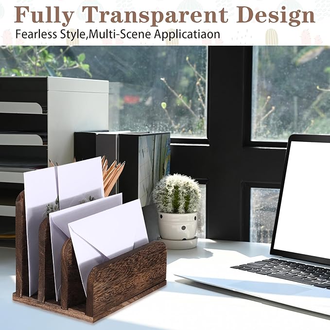 Wooden Mail Holder 3 Slots Mail Organizer for Desk Wood File Paper Letter Sorter for Letter Envelope Filing Cell Phone Document Storage, Organizer Tray for Office and Home (Dark Brown)