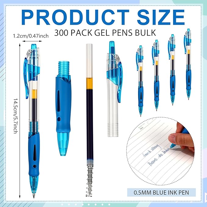 300 Pcs Gel Pens Bulk 0.5mm Ink Gel Pen Retractable Medium Point Rollerball Pens Quick Drying Smooth Writing with Comfortable Grip for School Office Journaling Note Homework (Blue)
