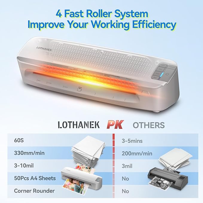 13 inch 4 Roller Thermal Laminator Machine, 3-10 Mil 60-Second Warm-up A3 Commercial Laminating Machine with 50 Sheets, LOTHANEK Heavy Duty Laminating Machine for Home, School Office Teacher Use