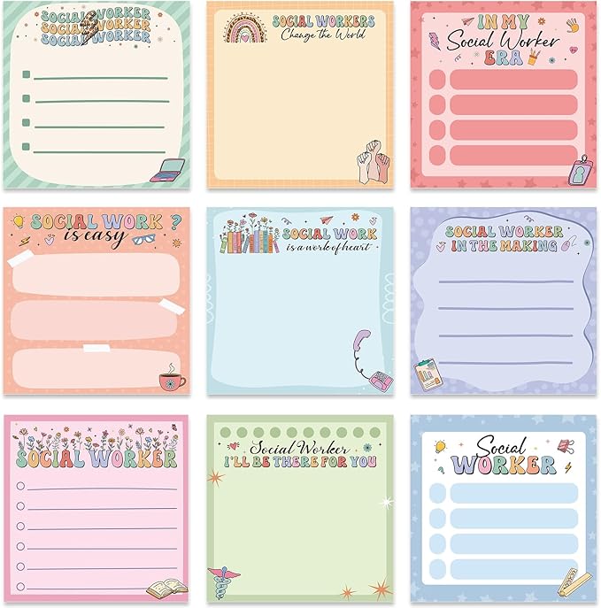 Social Worker Sticky Notes Gifts, 9 Pack Social Worker Appreciation Notepads 3x3 Inches, Social Work Writing Memo Pads School Office Supplies Gifts for Women Men (450 Sheets)
