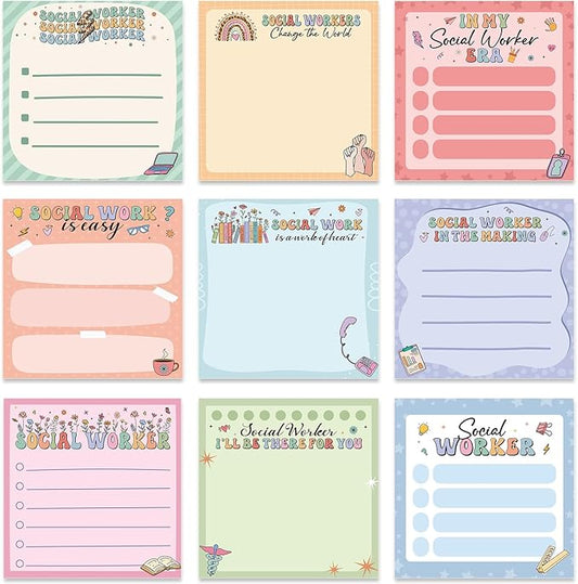 Social Worker Sticky Notes Gifts, 9 Pack Social Worker Appreciation Notepads 3x3 Inches, Social Work Writing Memo Pads School Office Supplies Gifts for Women Men (450 Sheets)