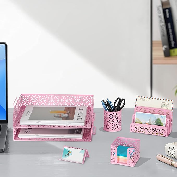 EasyPAG Desk Organizers and Accessories 5 Pieces Office Supplies Set - 2 Tier Paper Tray, Pencil Organizer for Desk, Mail Sorter Countertop, Business Card Holder and Sticky Note Holder, Pink