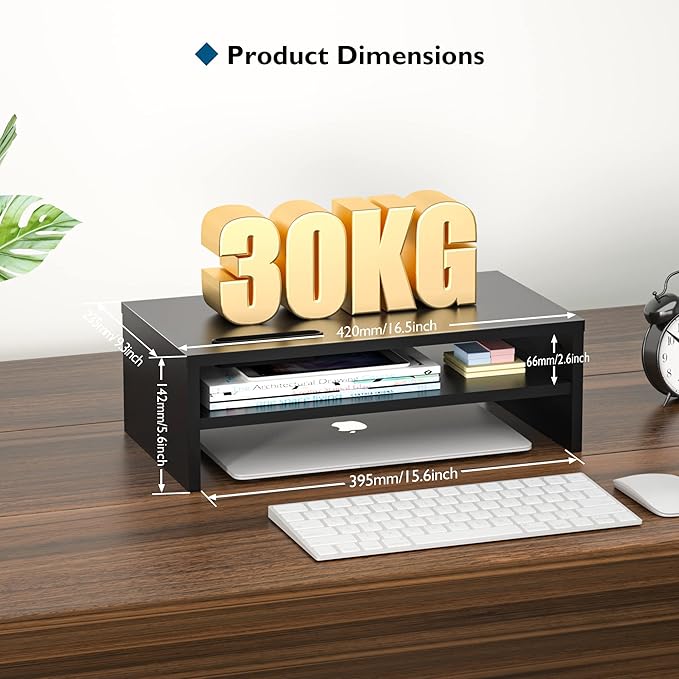 BONTEC Wooden Monitor Stand Riser, 2-Tier Desk Shelf with Storage Organizer, Ergonomic Computer Stand with Cable Management, Cellphone Holder, Black, 16.5 Inch