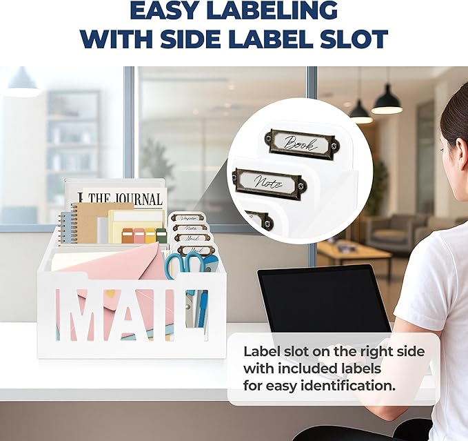 Mail Organizer Countertop – White Holder for Desk with 4 Slots & Label Tags, Decorative Desktop Sorter, Bill Storage and Envelope Tray for Organized Home Office Accessories (11x7x8 in)