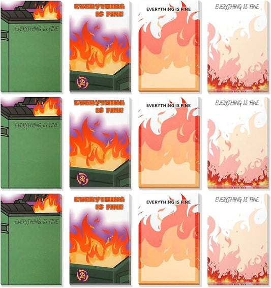 Dumpster On Fire Desk Accessories,Flames are Burning 12 Pads Cute Sticky Notes 3.54 x 2.36 Inch,It's Fine I'm Fine Everything is Fine,Memo Notes Funny Office Gifts for Women Men Coworkers