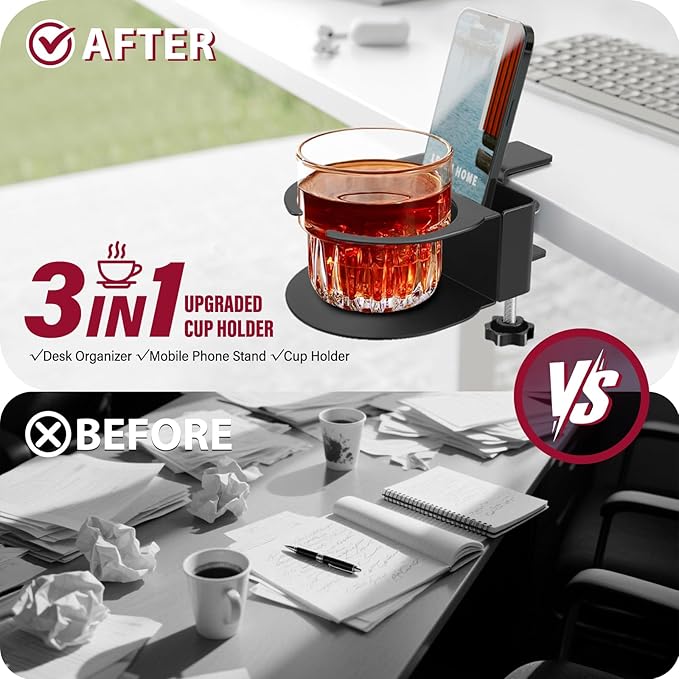 Desk Cup Holder for Coffee Mugs, Tumblers, Water Bottles with Mobile Phone Stand, Anti-Spill Metal School Home Office Accessories (Black-1)