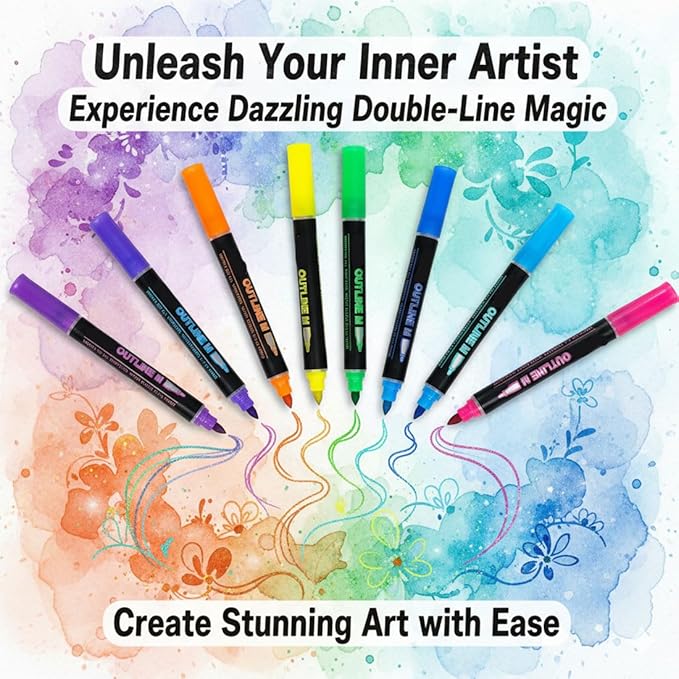 Double Line Outline Pens, 8/12/24/36/48 Colors Glitter Self-Outline Metallic Markers Set, 2mm Precision Tip, Quick-Dry Shimmer Contour Art Pens for Drawing, Coloring & DIY Crafts (12 Color)
