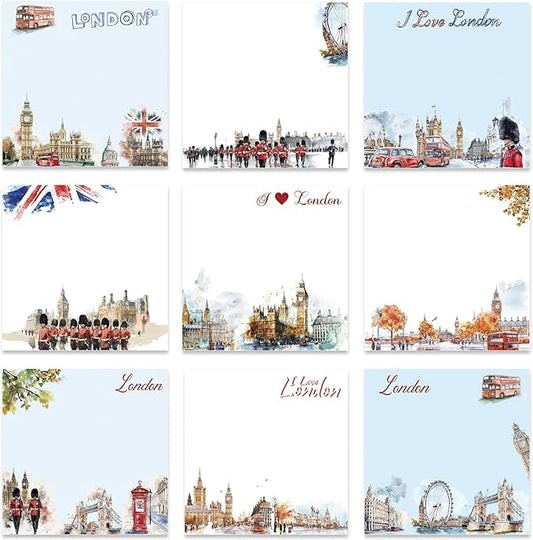 London Sticky Notes Gifts - 9 Pack Watercolor London City Notepads 3x3 Inches, Traveler Souvenirs Self-Stick Memo Pad Office School Supplies for Students Coworkers (450 Sheets)