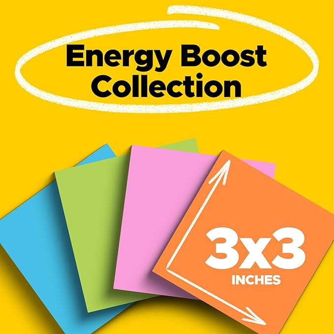 Post-it Super Sticky Notes, 3 x 3 in | Energy Boost Collection | For Organization | 24 Pads, Pack of 8