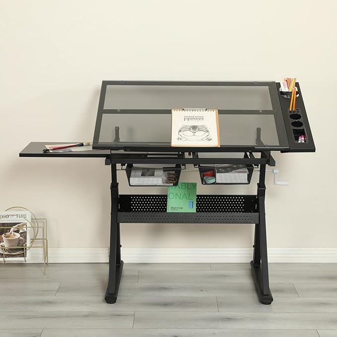 Drafting Table with Stool, Upgraded Hand Crank Height Adjustable Drawing Table Art Table Painting Table Art Craft Desk with 0-75° Tilting Glass Tabletop for Home Office, Black