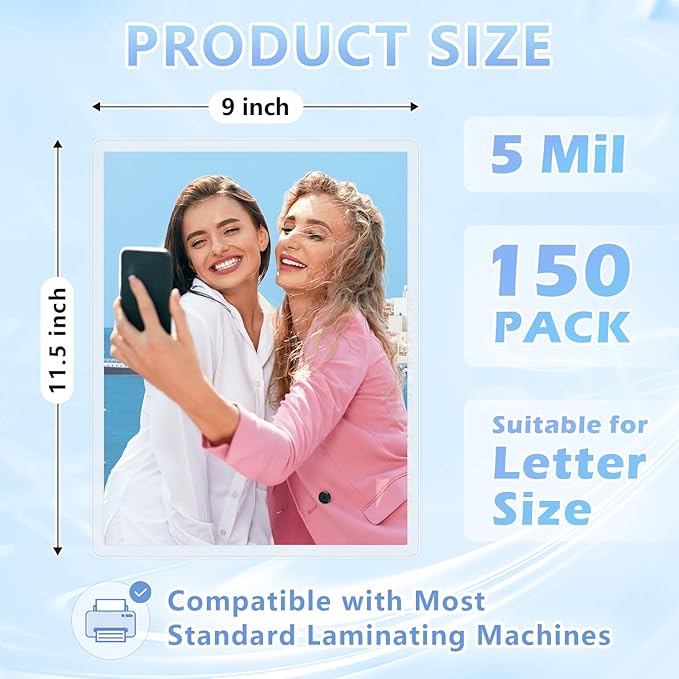 HOUYEE 150 Pack 5 Mil Thermal Laminating Sheets, Hold 8.5 x 11 Inch Sheets, Ultra Clear Laminating Pouches, 9 x 11.5 Inch Lamination Sheet Paper for Laminator, Letter Size, Office and School Supplies