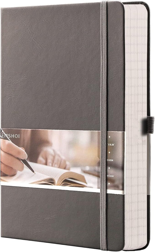 EMSHOI A5 Lined Journal Notebook - 120gsm Thick PU Leather Hardcover with Sticky Notes, 256 Numbered College Ruled Notebook for Work, School & Writing, 5.75" x 8.38" Dark Grey