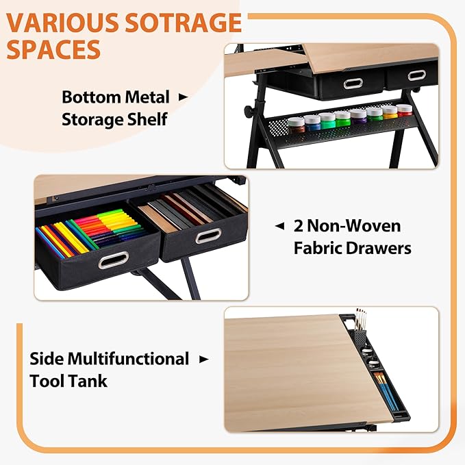 Drafting Table Drawing Desk w/Power Outlet, Art&Craft Work Station Height Adjustable Tilting Tabletop Craft Table Desk w/Stool and 2 Storage Drawers for Home Office, Natural