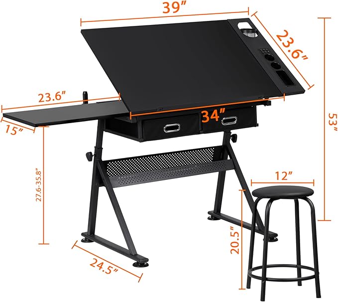 Drafting Table Drawing Desk Art&Craft Work Station Height Adjustable Tilting Tabletop Craft Table Desk w/Stool and 2 Storage Drawers for Home Office Study Room, Black