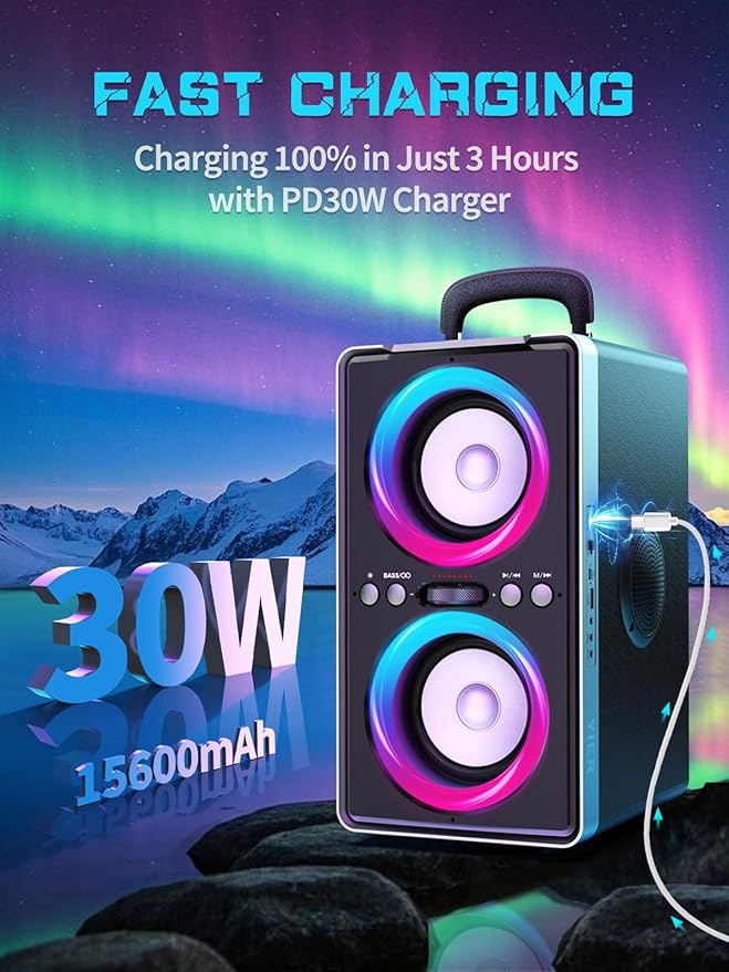 Bluetooth Speaker, 200W Peak Loud Stereo with Big Bass, 20H Playtime, TWS, Fast Charging, Portable Handle, Wireless Large Boombox Bocina with LED Light for Party Outdoor Backyard Camping