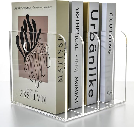 4 Vertical Compartments File Holder, Clear Acrylic Desk Organizer and Storage Bins Holding for Magazines, Binders, Notebooks, Envelopes, Multi-purpose Document Organizer for Home Office