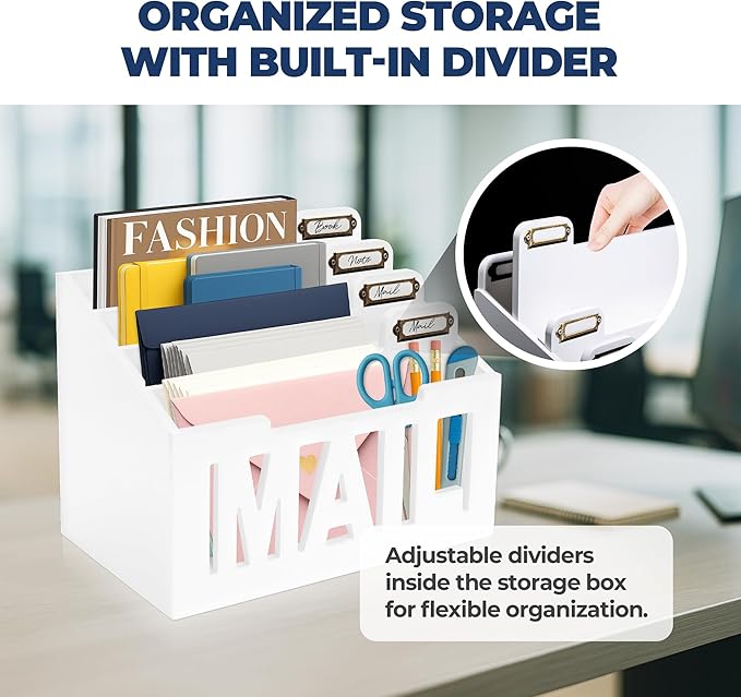 Mail Organizer Countertop – White Holder for Desk with 4 Slots & Label Tags, Decorative Desktop Sorter, Bill Storage and Envelope Tray for Organized Home Office Accessories (11x7x8 in)