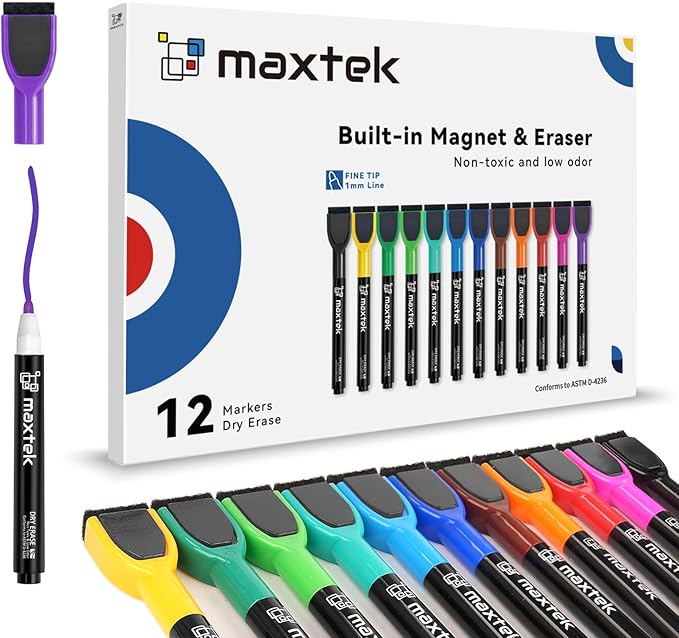 maxtek Magnetic Whiteboard Markers - 12 Count Colorful Fine Tip Dry Erase Markers with Eraser for Kids, Low Odor Thin Markers for Calendar Boards